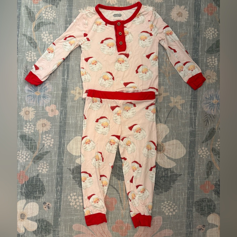 Mud Pie Santa Print Kids Pajama Set - Red and Pink